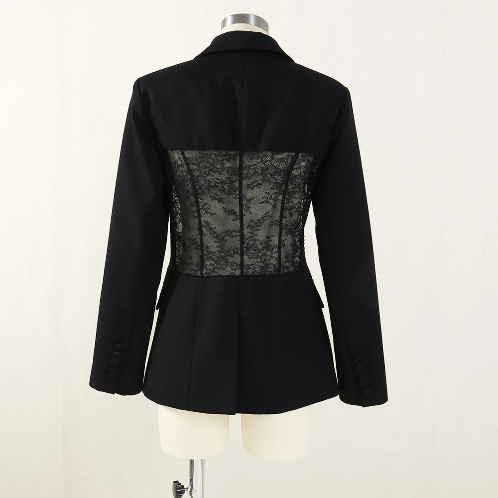 

Lace Fishbone Patchwork Women's Jacket Y2K Waist-cinching Slim-fit Sexy Sheer Elegant Coat Top 2025 Early Autumn New Arrival