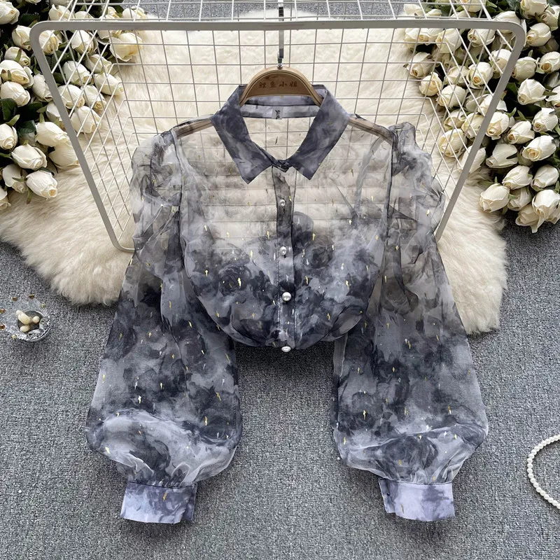 

Gentle tie dyed printed puff sleeved shirt design thin transparent long sleeved Sunscreen top blouses