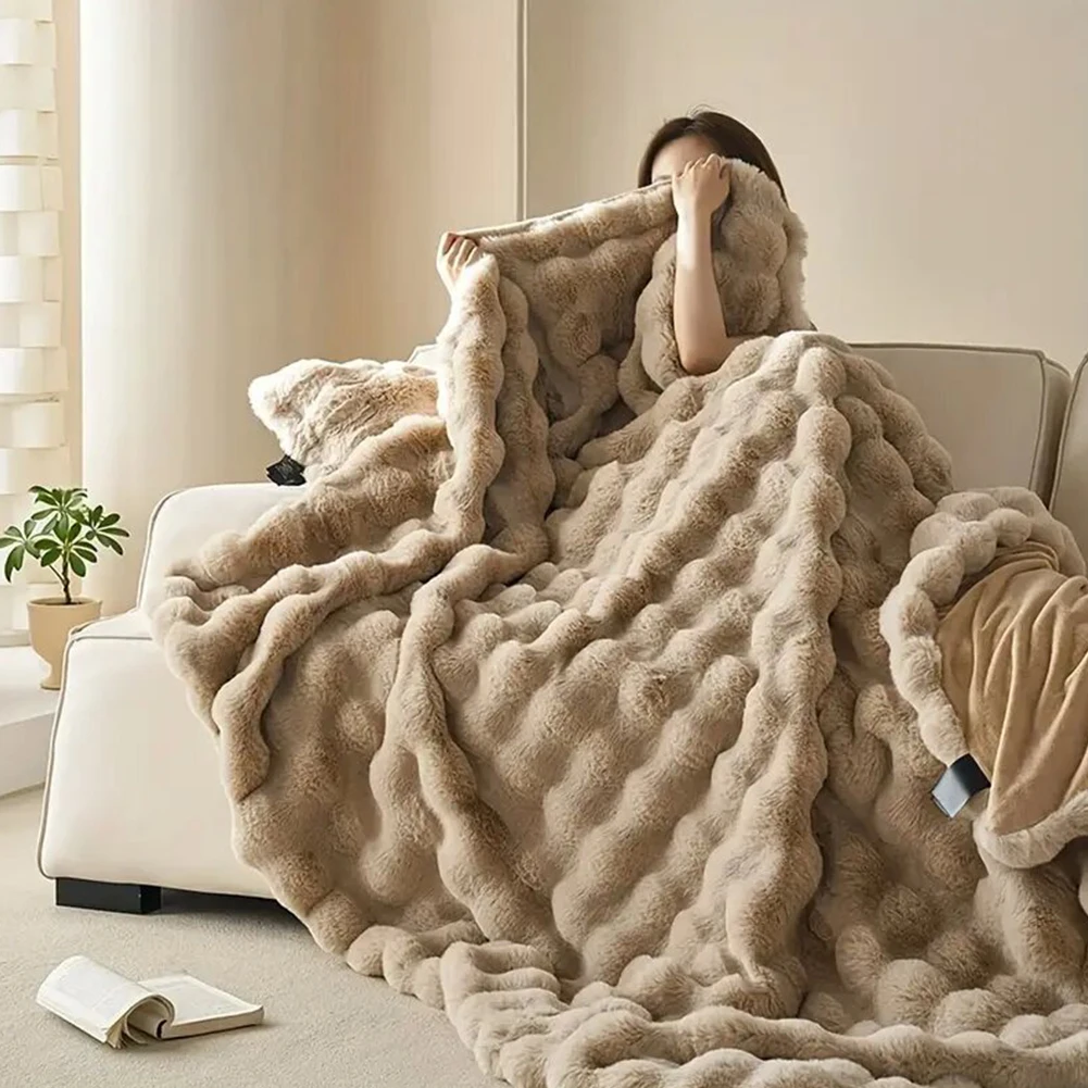 Cozy Toscana Rabbit Fur Blanket Comfortable Office Nap and Sofa Cover Double-Sided Rabbit Fleece Blanket for Sofa Office Bed