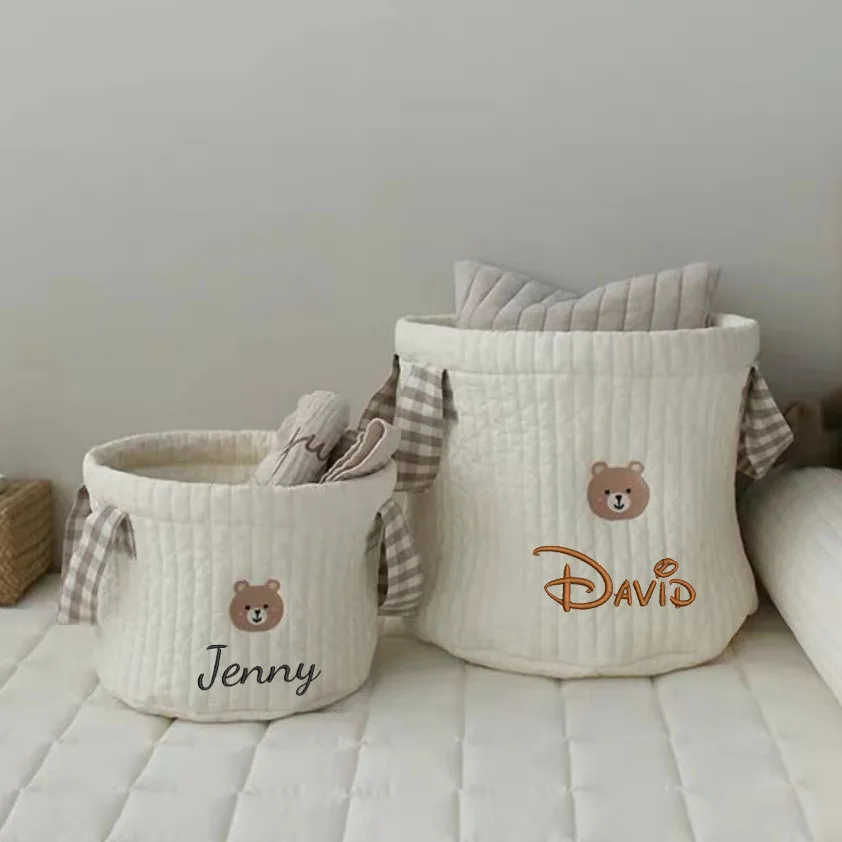 Personalized Name Bear Storage Bucket Cotton Storage Basket Diaper Bag Large Capacity Cotton Storage Bin for Home Nursery Room