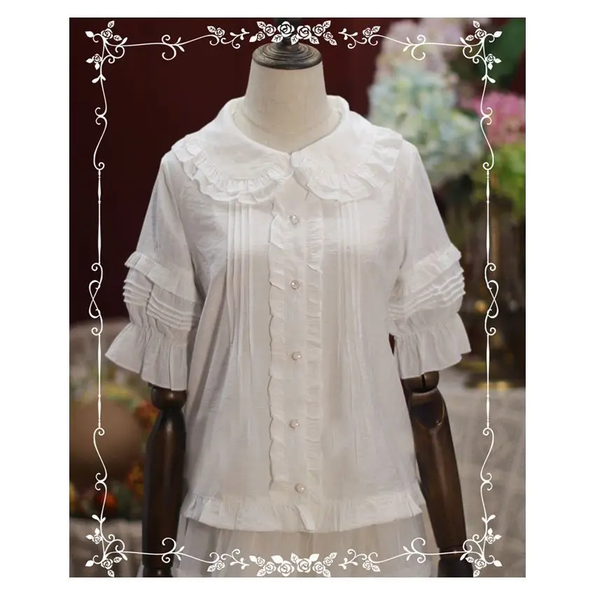 Dophee Originele All-Match Lolita Shirts Vrouwen Korte Mouw Basic Top Schattige Ruches Peter Pan Kraag School Meisje Vesten Jas