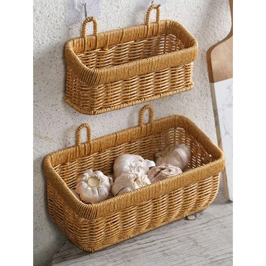 

2pcs/1pc Rattan Woven Hanging Basket For Kitchen Multipurpose Storage Basket For Fruits Bread Snacks Tabletop Decor Wicker Bask