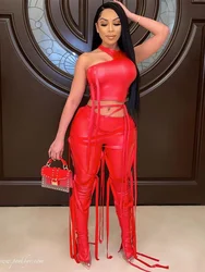 Akaily Red Faux Leather Tassel Pants Suits 2 Two Piece Set Summer Vacation Night Club Outfits For Women 2023 Black Y2k Pant Sets