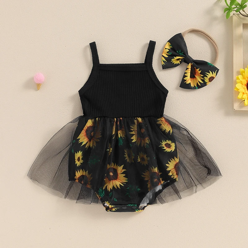 

Baby Girls Rompers Dress Sunflower Print Spaghetti Strap Tulle Skirt Hem Infant Bodysuits Summer Clothes with Headband