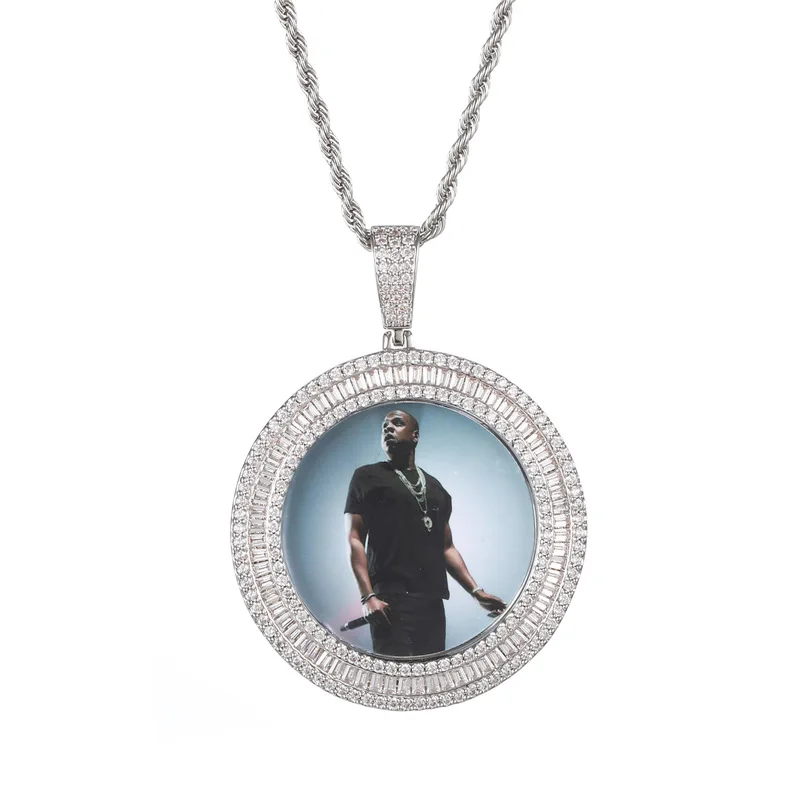 Custom Photo Frame Geometric Round Pendants Necklace For Women Men Unisex Bling Iced Out Hip Hop Rapper Jewelry Gifts