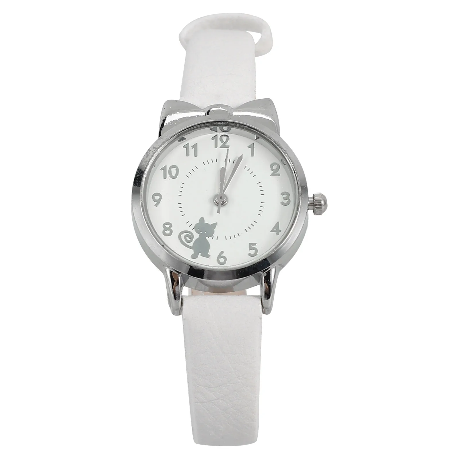 

Quartz Kids Watch Children Watches Boys Girls Silver Case White Strap Cartoon Cat Pattern Eco Friendly Durable Student Sport