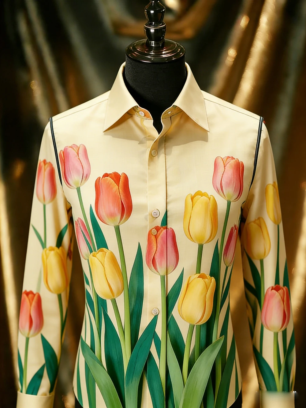 Men Cream Yellow Vibrant Colorful Floral Flower Print Long Sleeve Shirt Turn Down Collar Holiday Party Casual Daily Tops