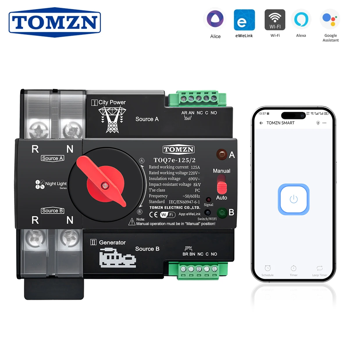 TOMZN Din Rail EWelink WIFI Smart ATS Timer 230V Dual Power Automatic Transfer Electrical Selector Switch Uninterrupted 2P 125A