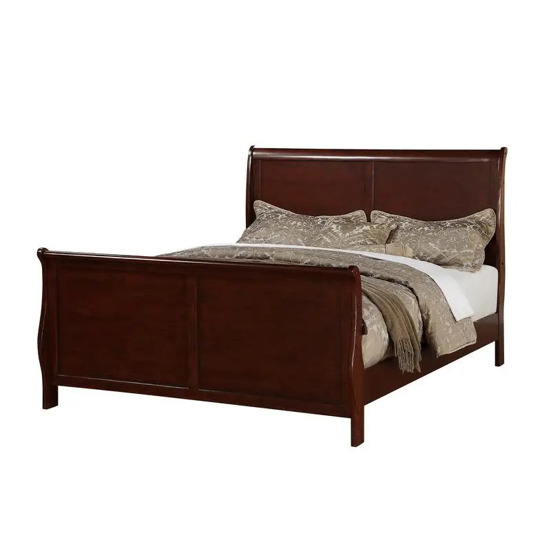 Modern Queen Size Bed Sleigh Design Headboard Footboard Plywood Bedframe Dark Cherry Color Louis Philippe Style Bedroom