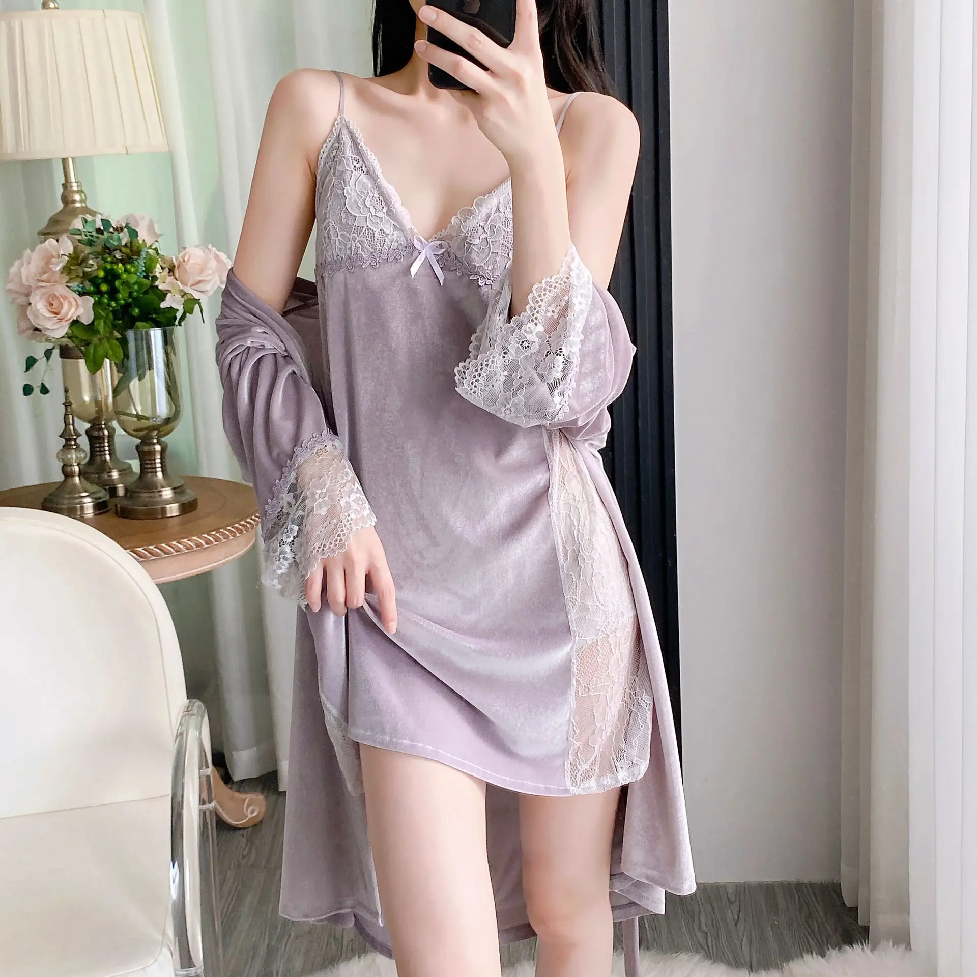

Autumn Winter New Velvet Female 2Pcs Robe Nightgown Set Sleepwear Sexy Patchwork Lace Nightdress Home Clothes Velour Lounge Wear