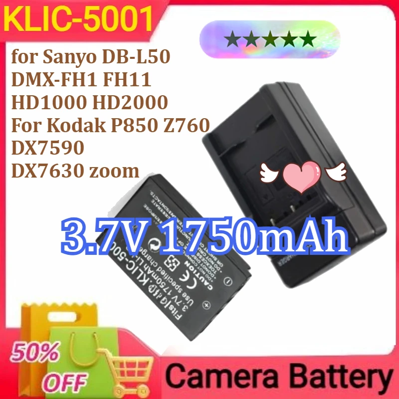 KLIC-5001 do Sanyo DB-L50 DMX-FH1 FH11 HD1000 HD2000 Do Kodak P850 Z760 DX7590 DX7630 Bateria Zoom 3.7V 1750mAh + Ładowarka