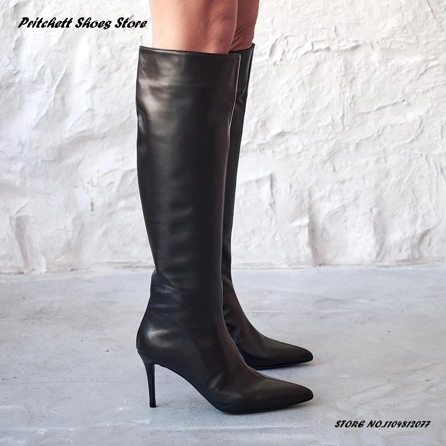 

Женские сапоги до колена с острым носком, пикантные зимние сапоги на молнии на высоком каблуке, винно-красные, черные, коричневые женские вечерние туфли большого размера