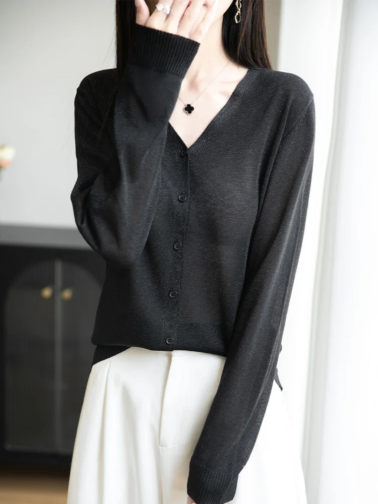 Elegant Ice Silk Knitted Sun Protection Open Cardigan V-Neck Loose Fitting Waist-Cinching Air Conditioning Women's Top