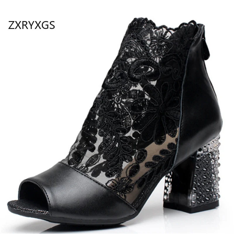 ZXRYXGS Premium Cowhide Flowers Lace Mesh Women Fashionable Sandals High Heels 2025 Summer Cool Boots Small Size Big Szie 33-42