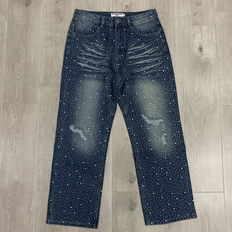 

Blue Trend Studded Ripped Men's Vale Jeans High-quality Fashionable Street Brand Loose Pants