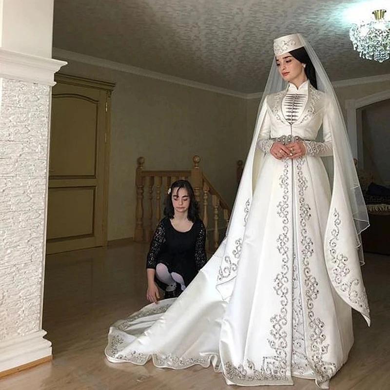 Traditional Caucasus national Wedding Dresses With Long Sleeve High Neck White Satin Embroidery Beaded Muslim Bride Formal Gown