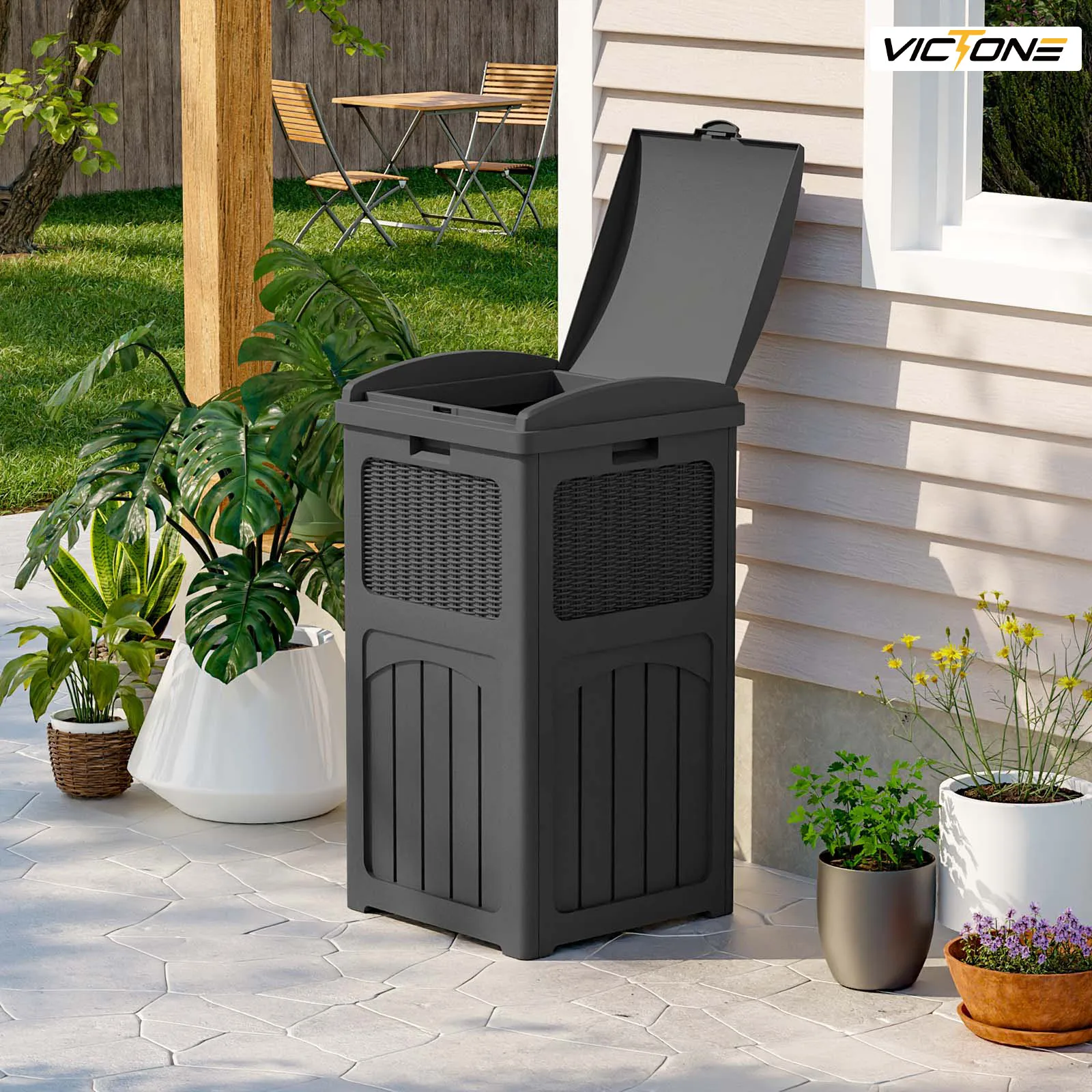 Victone 36 Gallon Hideaway Can Resin Outdoor Trash with Latch for Backyard, Deck, or Patio, Black