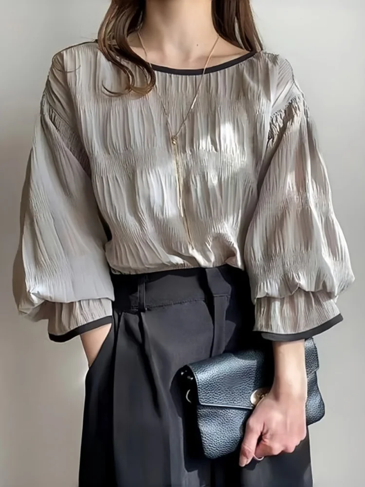 

Women‘s Summer Blouse Korean Version Pleated Pressed Versatile Chiffon Shirt with Back Strap Flared Sleeve Top Blusa BL162