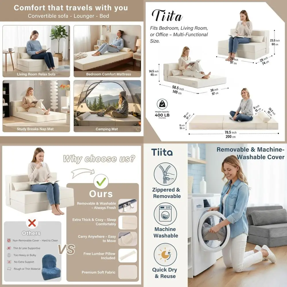 

Convertible Twin Size Sofa Bed with Pillow, Sleeper Chair, Floor Mattress for Guest Room, Living Room, Beige