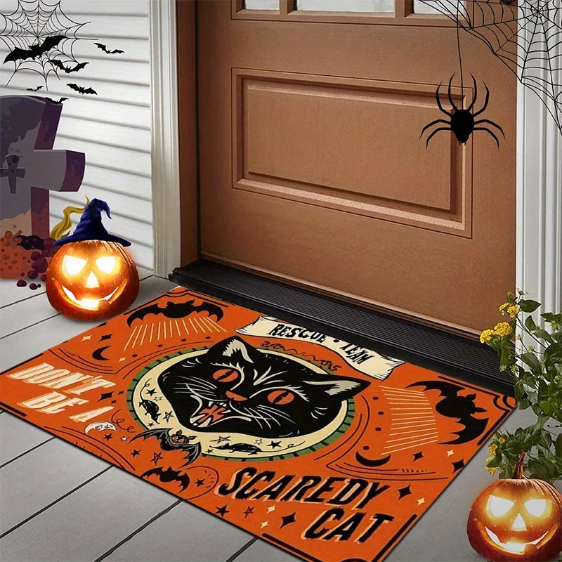 1pc Vintage Dark Orange Base with Ferocious Black Cat, Round Pupils, Fangs, Bat, Crescent Moon, and Three-Line Declaration 