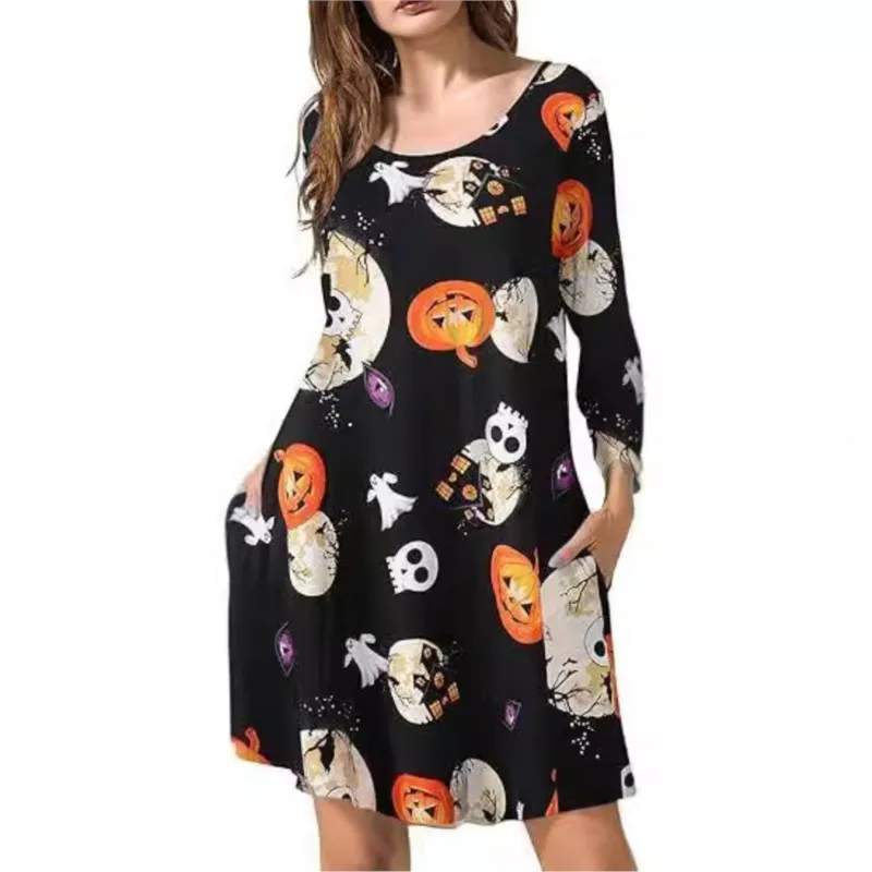 Women's Midi Dress Halloween Christmas Holiday Color Casual Printed T-shirt Dress Women Autumn Long Sleeved 2024 New Product