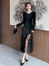 SMTHMA Elegant Diamonds O-Neck Velvet Long Party Dress For Women Sexy Sequin Patchwork Black Slim Dress Robe