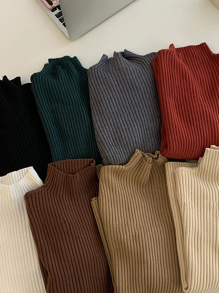 Sweater Rajut Wanita Terbaru 2026, Model Chic Musim Gugur Musim Dingin, Polos, Lengan Panjang, Kasual, Kerah Tinggi, Hangat, Basic, Atasan Jumper