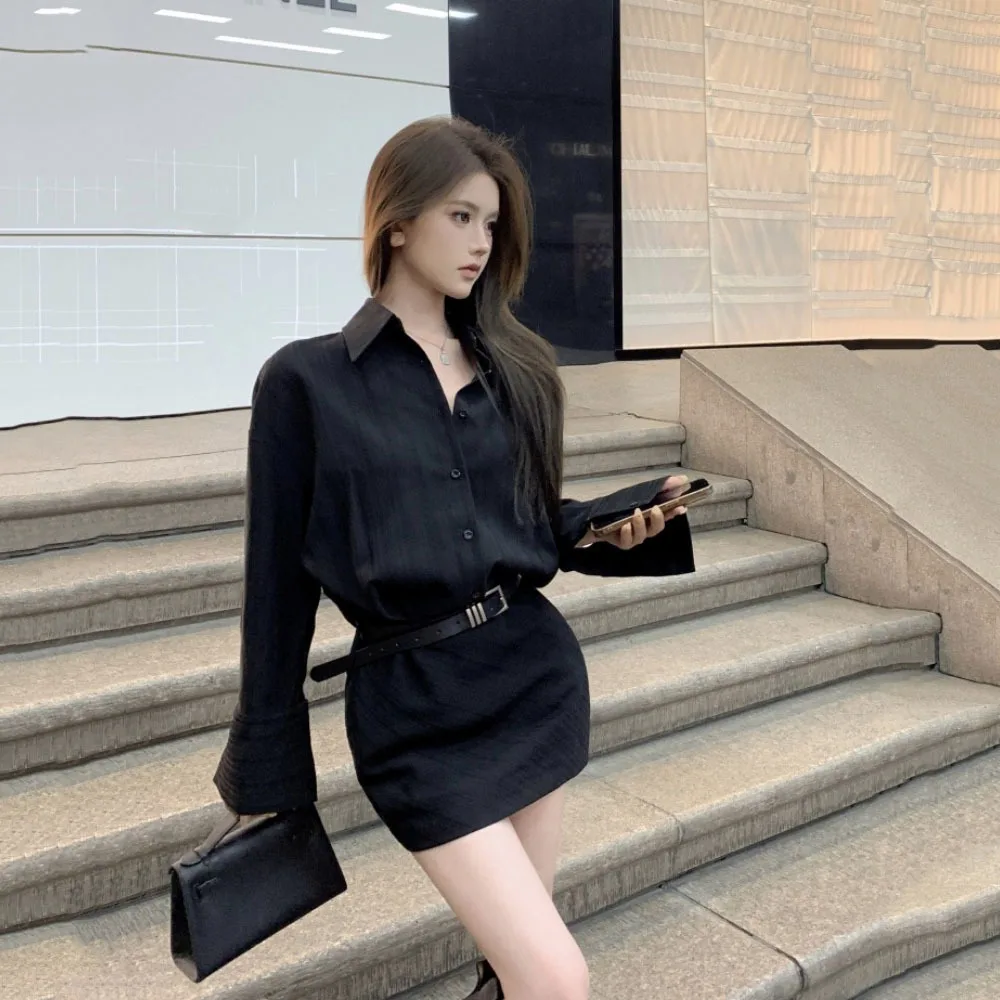 

Fashion Polo Collar Sexy Black Vestidos Slim Long Sleeve Dress Women 2024 Autumn New High Street Mini Dresses Ladies With Belt