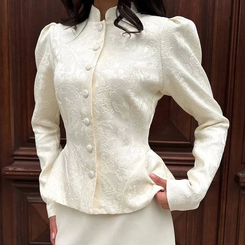 Linad Vintage Beige Jacquard Puff Sleeve Shirts Elegant Slim Stand Collar Blouse Woman Office Lady Single Breasted Tops 2026