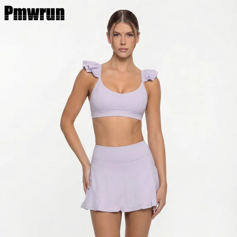 

Женский комплект для йоги PMWRUN из 2 предметов: топ с рюшами и вырезом «сердечко», юбка с высокой талией, мягкая эластичная ткань для спортзала, йоги, пиклбола