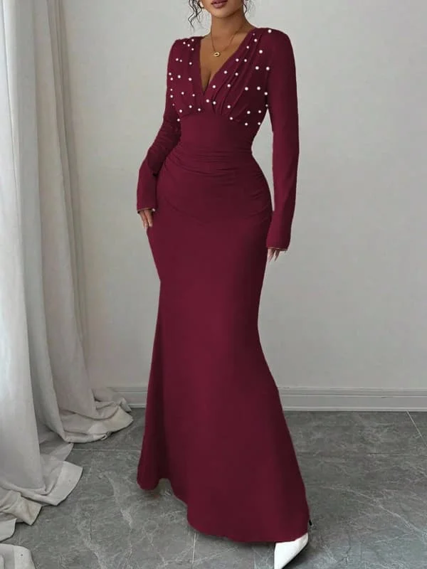 Krismile Women's 2026 Elegant Evening Dress Deep V-Neck Pearl Bodycon Wine Red Formal Party Cocktail Sexy Chic Woman Maxi Dress