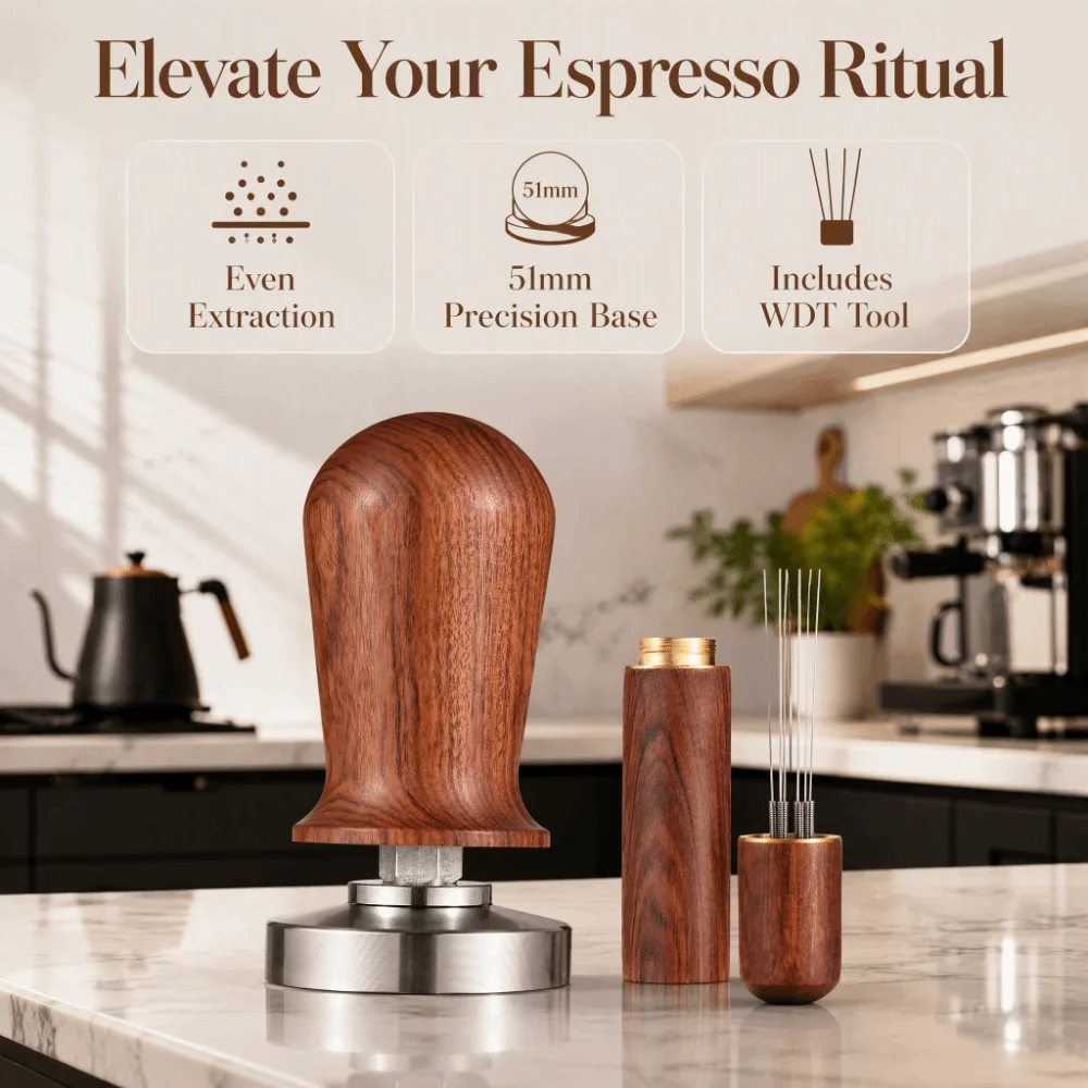 51mm Diameter Espresso Tamper Set Stainless Steel Base Calibrated Design Espresso Accessories Kit Wooden Handle