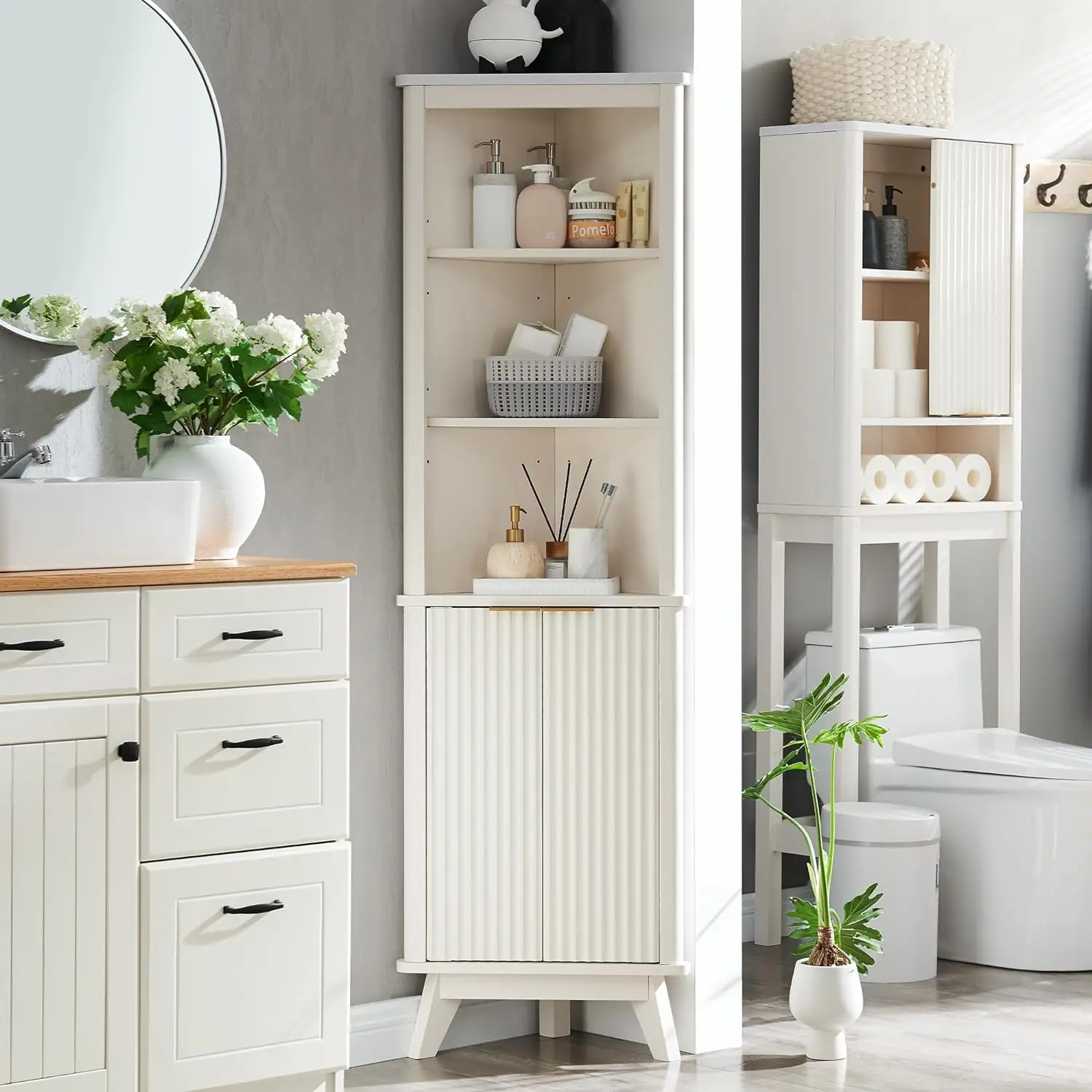 

Fluted Corner Cabinet, 68" Tall Modern Storage Cabinet with Faux Marble Top and Adjustable Shelves, Curved Profile Bookshelf