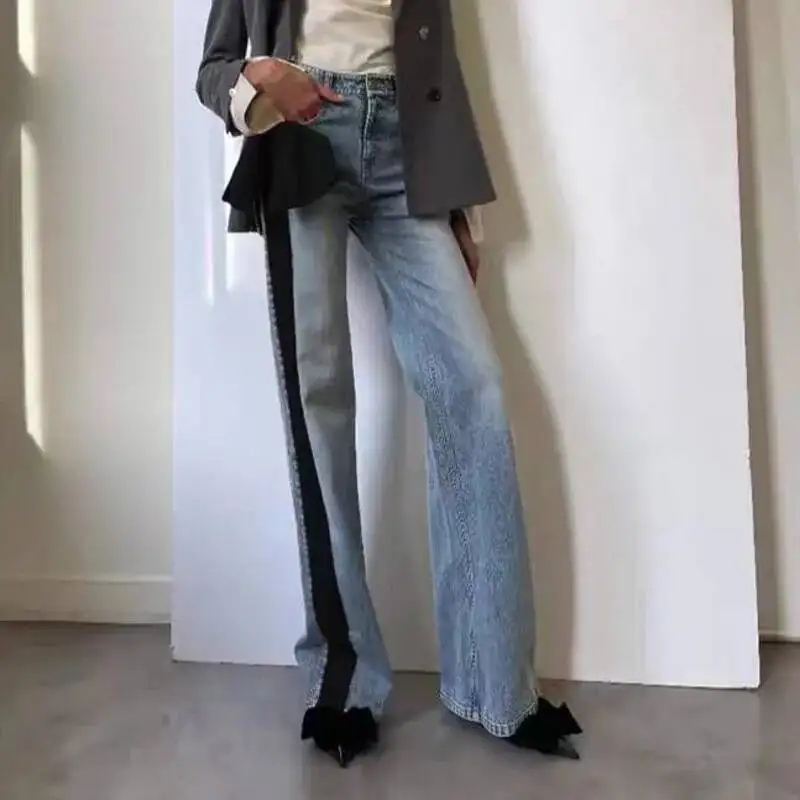 ANJY ฤดูใบไม้ร่วงใหม่ผู้หญิงอินเทรนด์กางเกงยีนส์ด้านข้าง Bowknot Contrast สี Patchwork DENIM อารมณ์สไตล์กางเกงลําลองอเนกประสงค์ A10063