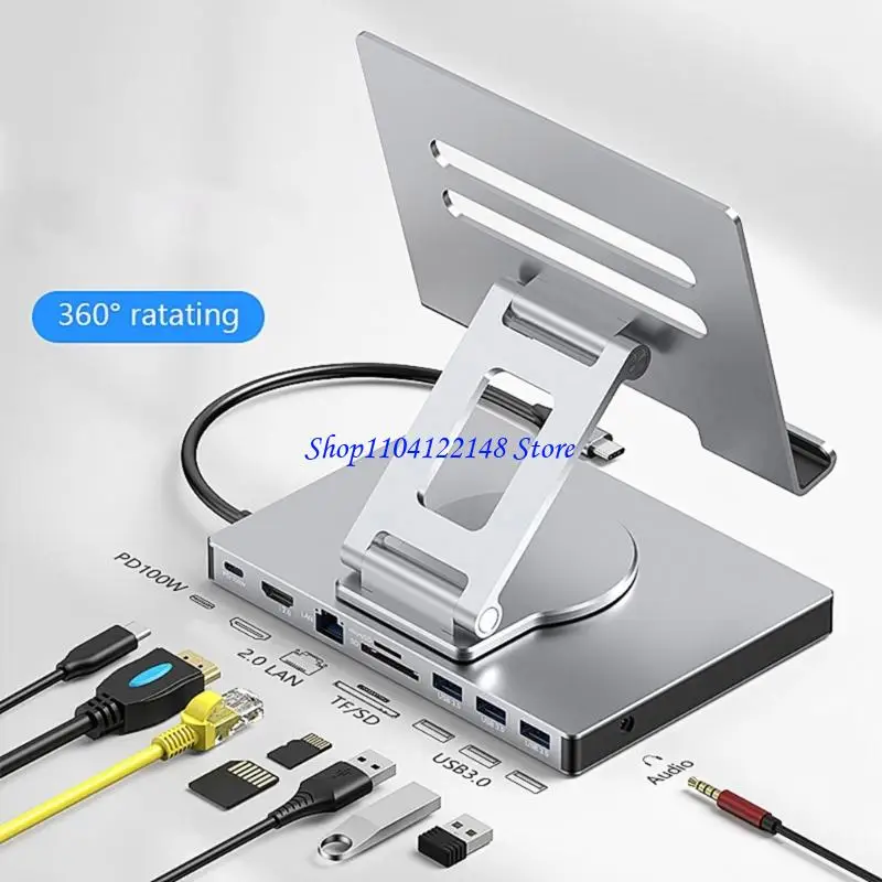 

P9FA Foldable USB C Adapter Stand With PD100W Charging 1000Mbps Ethernet Adjustment Height Heat Dissipation Aluminum Alloy
