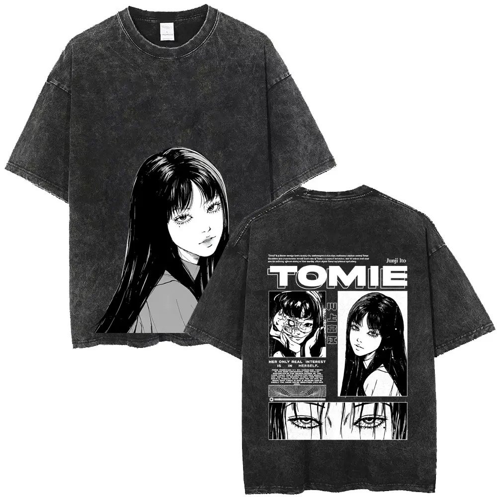 Anime Tomie Junji Ito Vintage Washed T Shirt Men Women Manga Horror Gothic T-shirt Unisex Fashion Retro T-shirts Y2k Streetwear