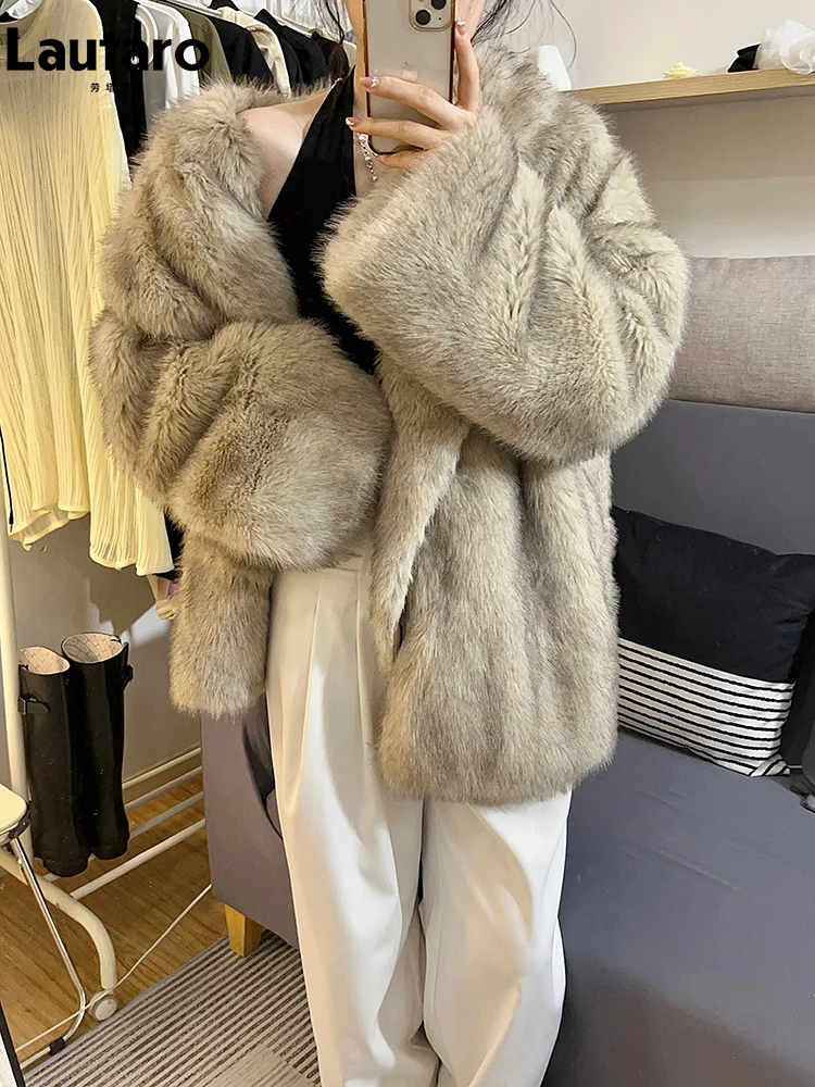 nerazzurri Autumn Winter Loose Casual Thick Warm Hairy Soft Shaggy Faux Fox Fur Coat Women Fluffy Jacket Korean Fashion Cardigan