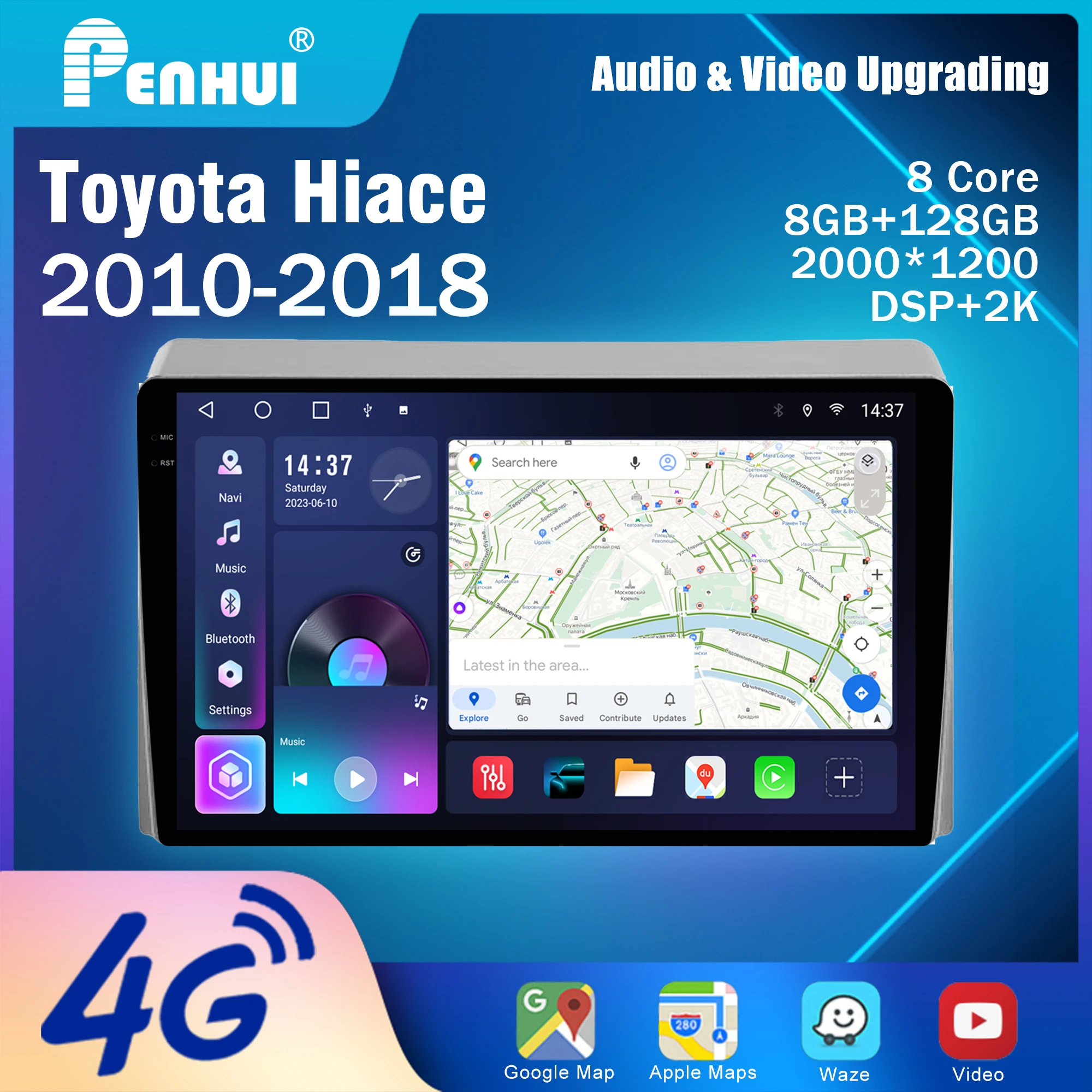 Penhui Android Car DVD Multimedia Player Screen for Toyota Hiace 2010-2018 Audio Video 2 Din DSP  Bluetooth  Carplay  Radio DVD