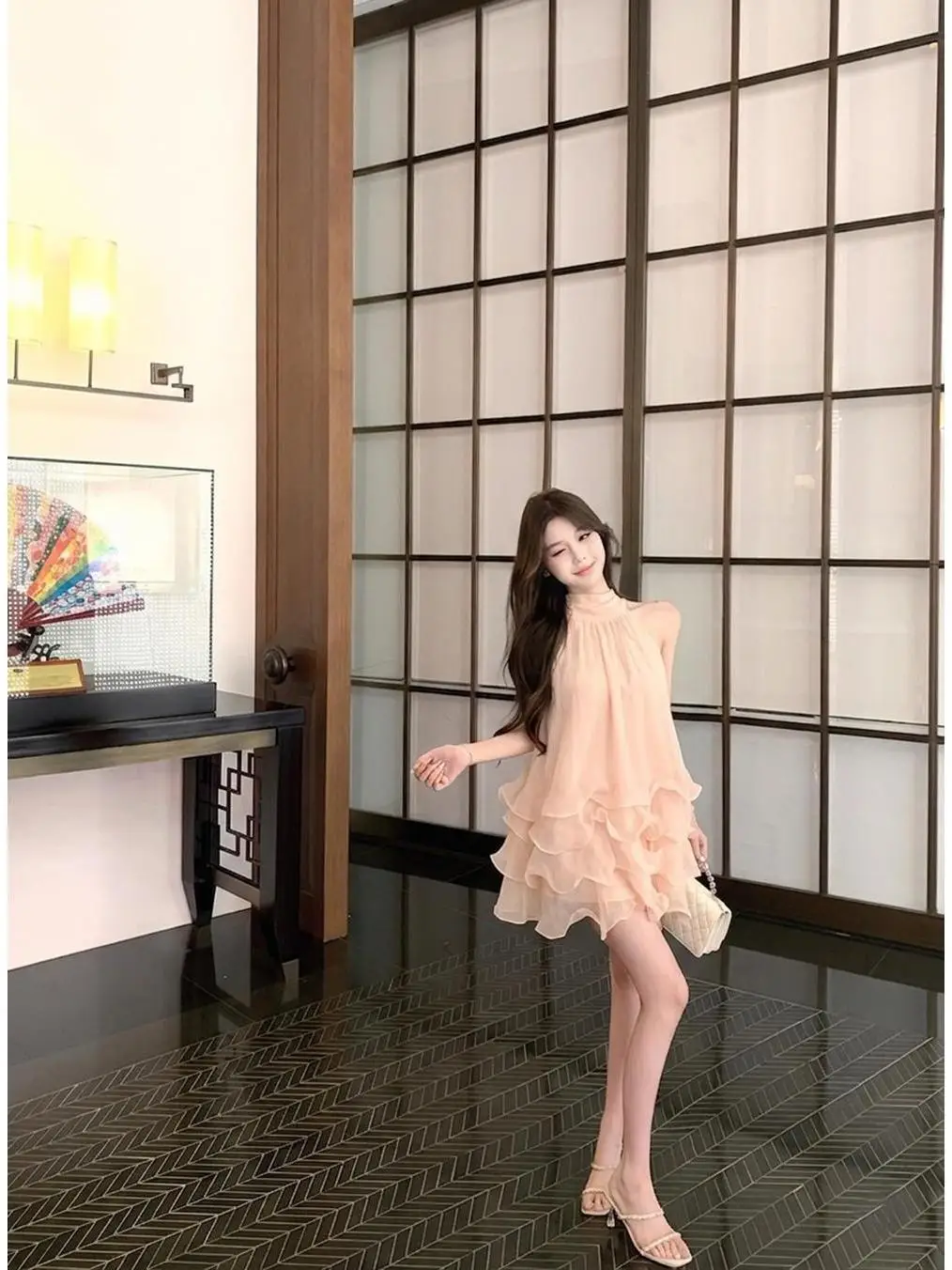 

Korean Style Summer New Pink Neck Hanging Dress Women's Sleeveless Layered Ruffle Gown Loose Waist Breathable Cake Skirt