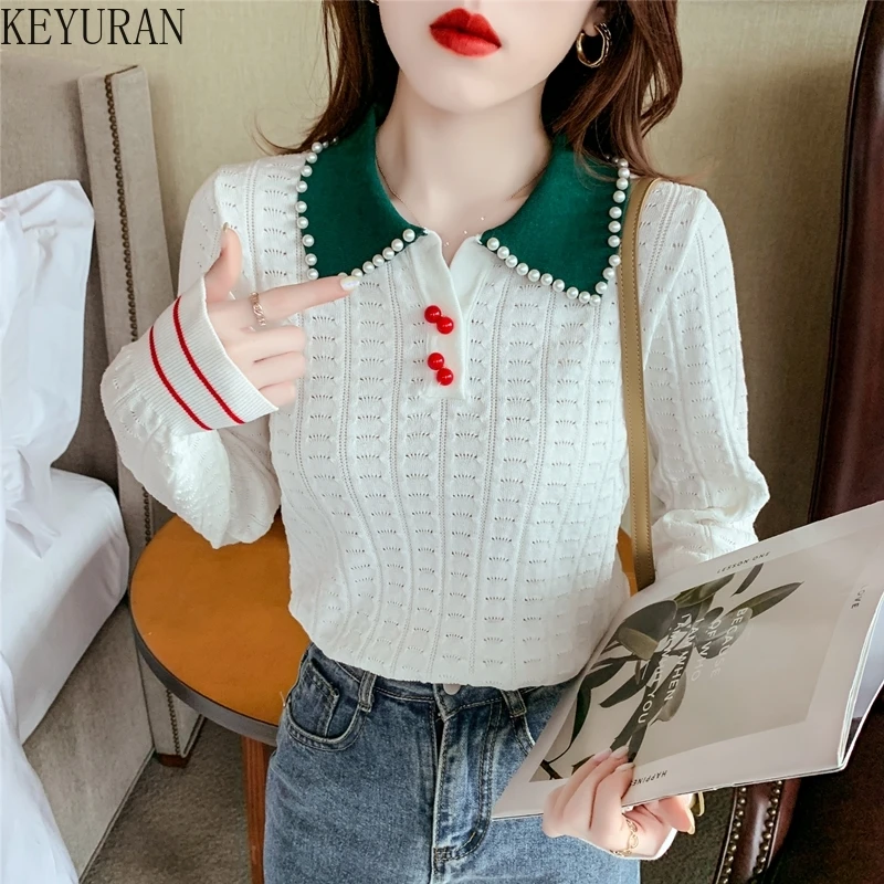 2024 Spring Summer Pearls Beading Hollow Jacquard Thin Knitted Pullover Sweater Women\'s Turn-down Collar Ins T-shirts Jumpers