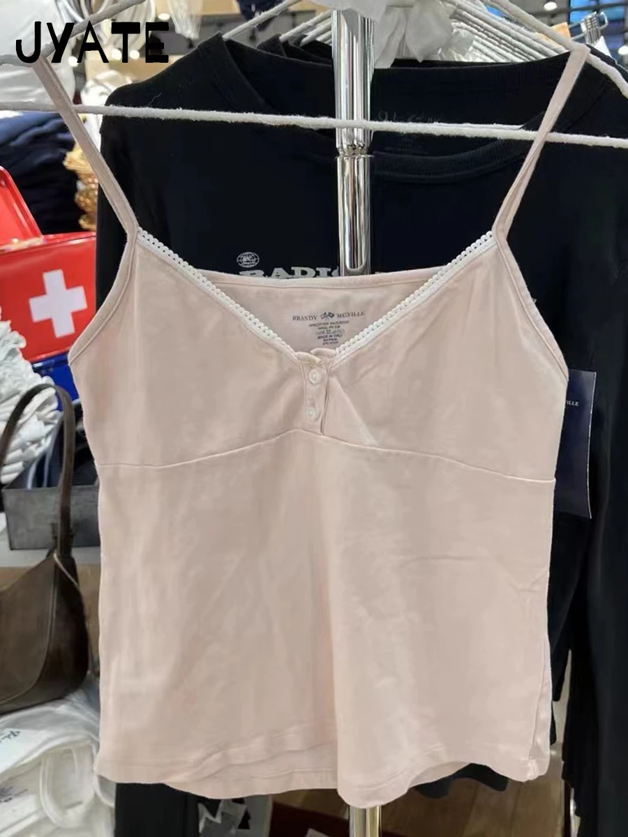 Sweet Cute Pink Buttons Tank Tops Women New Cotton Casual Slim Lace Trim Sleeveless Vests Female Vintage Simple Chic Camis Y2K