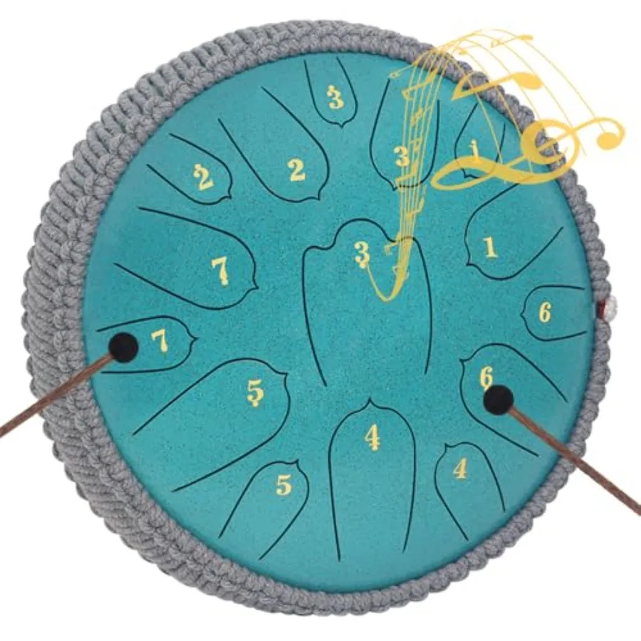 

12 Inches Steel Tongue Drum 15 Notes D Major Musical Instrument Green Percussion with Soft Bag Music Book and 2 Mallets for Med