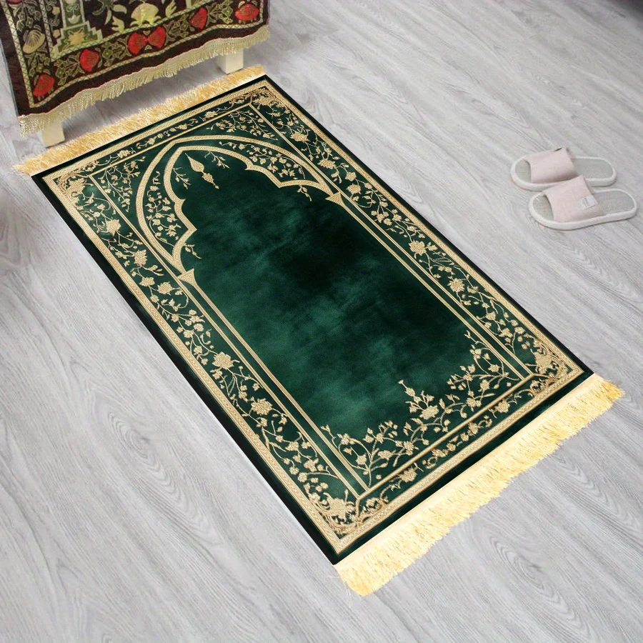 VIKAMA Green Gold Luxury Printing Prayer Rug, Bohemian Design Washable Travel Prayer Mat for Islam Muslim Worship Eid Gift