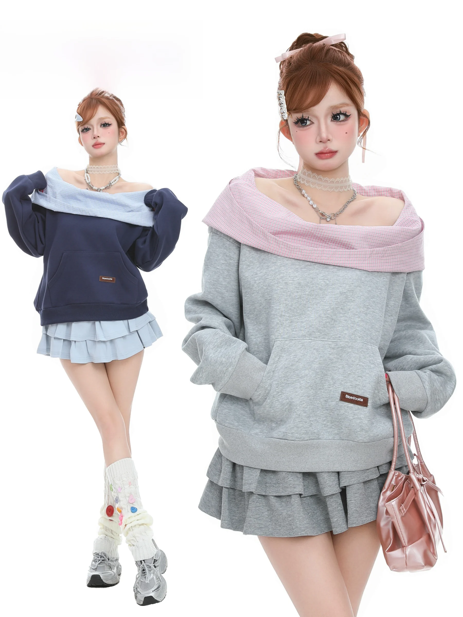 

Корейский клетчатый свитшот BASTERDS с капюшоном и одним открытым плечом, женский, весенний, приталенный, универсальный, свободного кроя, с длинными рукавами