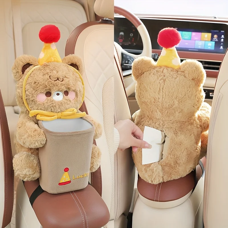 

Plush Bear Tissue Holder and Trash Can Creative Soft Plush Animal Car Tissue Holder 2 in 1 Car Tissue Box Trash Can Storage Box