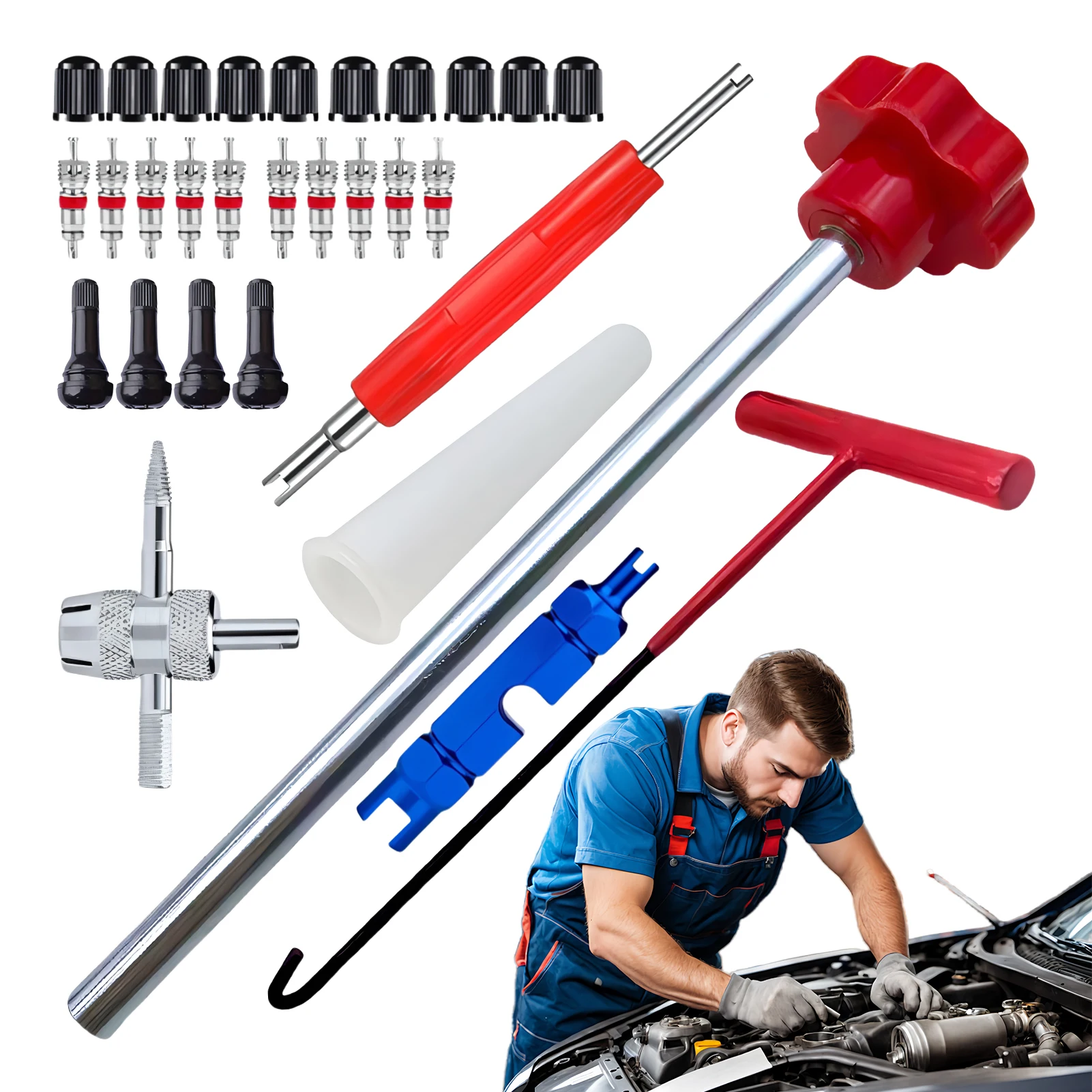 Valve Stem Tool Kit 30Pieces Tire Installer Tool Valve Remover Tool Repair Tool Quick Change T-Hook Replacement Car Accessories