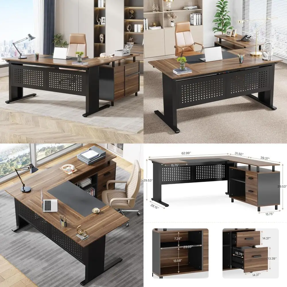 

Large Computer Desk with ile Cabinet, 63 Inch L Shaped Executive Oice Desk with Ders and Storage Shelves, Businurniture Workstat
