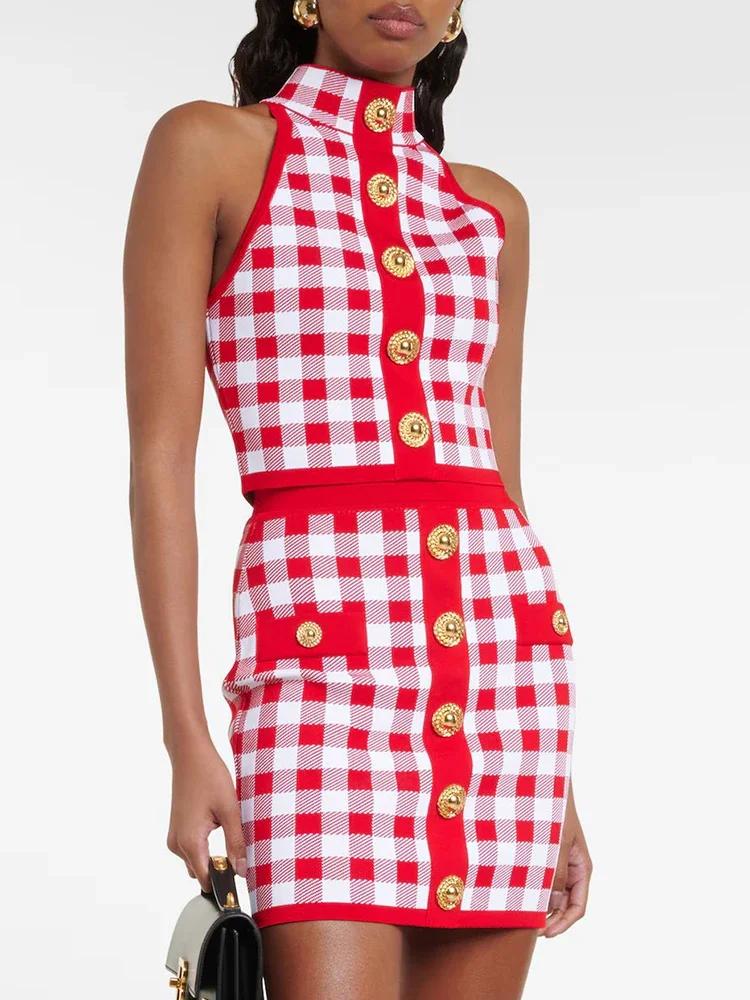 

2 Piece Sets Women Outfit 2024 Summer Fashion Vintage Red Plaid Female Clothing Tight Bandage Skirt Suit With Button