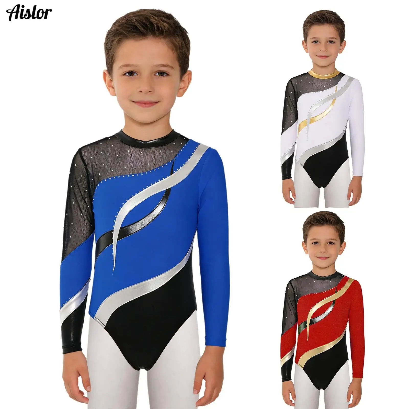 

Kids Girls Long Sleeve Shiny Rhinestones Gymnastics Leotard Dancewear for Ballerina Dance Competition Figure Skating Bodysuit