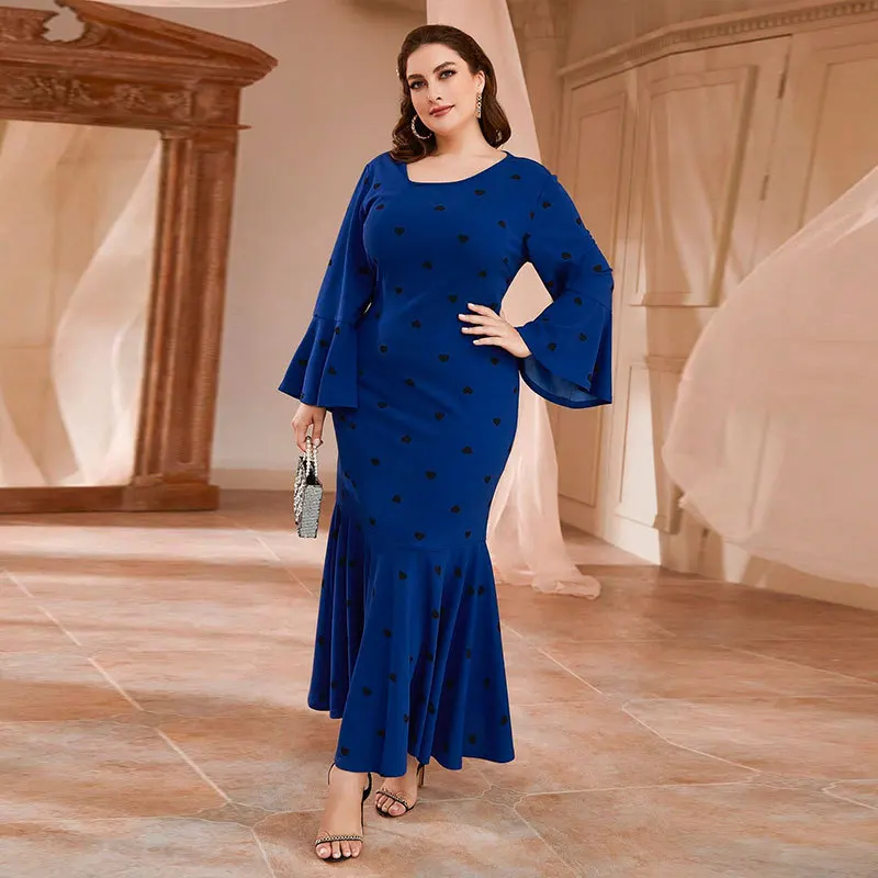 Plus Size Elegant Dresses Women V-neck Solid Color Waist Dress Temperament Fashion Female Printing Long-sleeved Evening Dresses